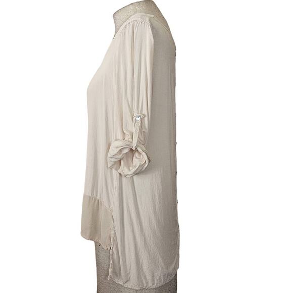 Cream Scoop Neck Roll Tab Sleeve Blouse Size Small - Picture 5 of 5